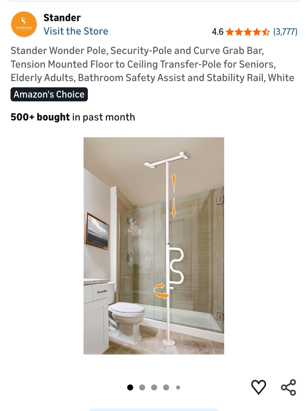White Wonder Pole Tension-Mounted Grab Bar for Bathroom Safety